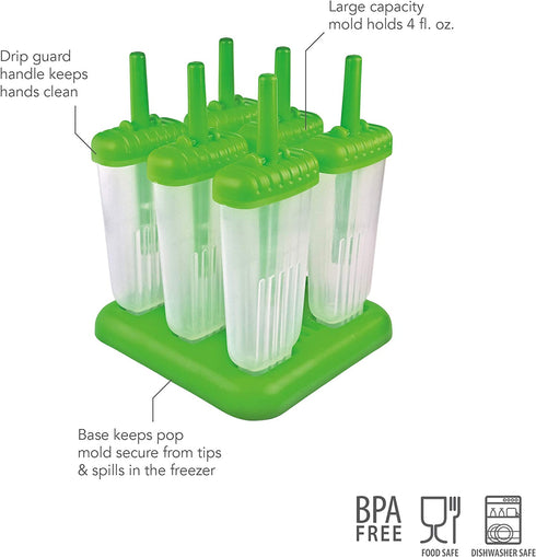 Tovolo Groovy Ice Pop Molds, Drip-Guard Handle, 4 Ounce Popsicles, Set of 6, Green
