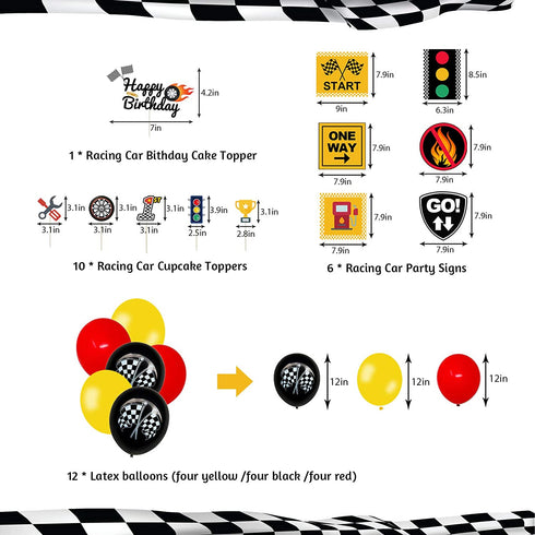 PRATYUS Race Car Birthday Decorations for Kids Boys Let's go Racing Party Supplies With Banner, Welcome Hanger, Car Party Signs, Cake Topper and Checkered Balloons