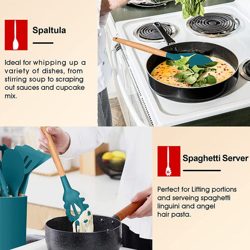 Kitchen Utensils Set of 6, E-far Silicone Cooking Utensils with Wooden Handle, Non-stick Cookware Friendly, Includes Spatula/Ladle/Slotted Turner/Serving Spoon/Spaghetti Server(Teal Blue)