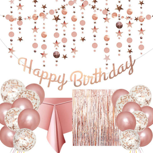 Rose Gold Birthday Party Decoration - Happy Birthday Banner, Glitter Circle Dot Garland Streamer, Rose Gold Fringe Curtain, Foil Tablecloth, Rose Gold Balloons, for Women Girl Birthday Party