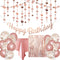 Rose Gold Birthday Party Decoration - Happy Birthday Banner, Glitter Circle Dot Garland Streamer, Rose Gold Fringe Curtain, Foil Tablecloth, Rose Gold Balloons, for Women Girl Birthday Party