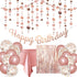 Rose Gold Birthday Party Decoration - Happy Birthday Banner, Glitter Circle Dot Garland Streamer, Rose Gold Fringe Curtain, Foil Tablecloth, Rose Gold Balloons, for Women Girl Birthday Party