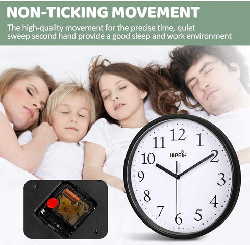 Hippih Black Wall Clock Silent Non Ticking Quality Quartz, 10 Inch Round Easy to Read for Home Office School Clock 2 Pack