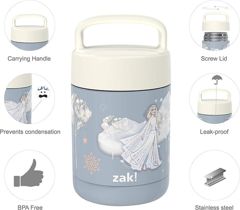 Zak Designs Kids' Vacuum Insulated Stainless Steel Food Jar with Carry Handle, Thermal Container for Travel Meals and Lunch On The Go, 12 oz, Elsa