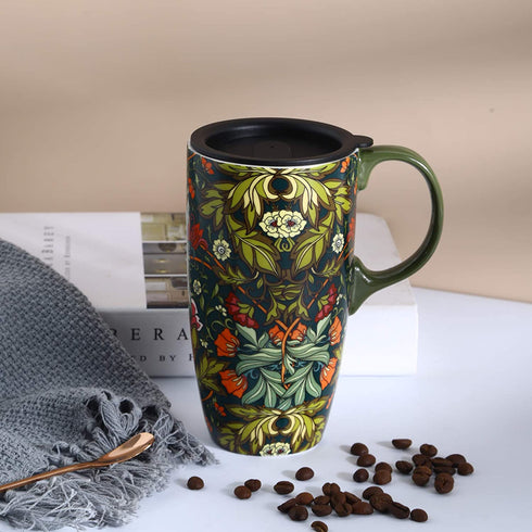 TZSSP Coffee Ceramic Mug Porcelain Latte Tea Cup With Lid 17oz. Green