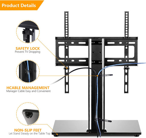 Universal Tabletop TV Stand Base with Swivel Mount for 27 32 37 40 43 46 50 55 inch LCD LED Plasma Flat Screens, Height Adjustable TV Base Replacement,Tempered Glass Base,Holds up to 88lbs