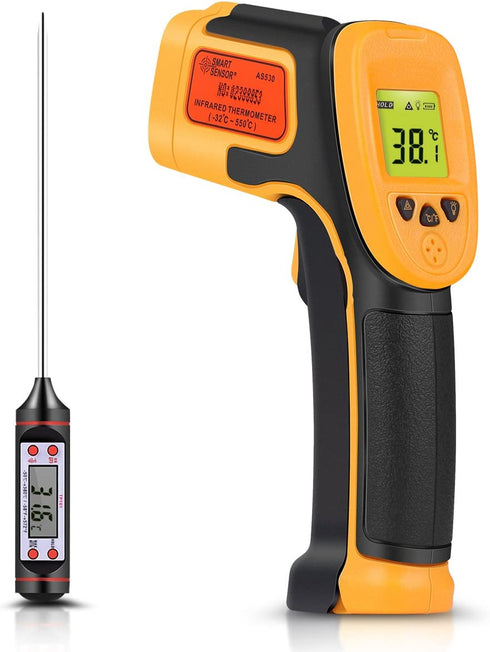 Infrared Thermometer, Digital IR Laser Thermometer Temperature Gun -26°F~1022°F (-32°C?550°C) Temperature Probe Cooking/Air/Refrigerator - Meat Thermometer Included -Non Body Thermometer