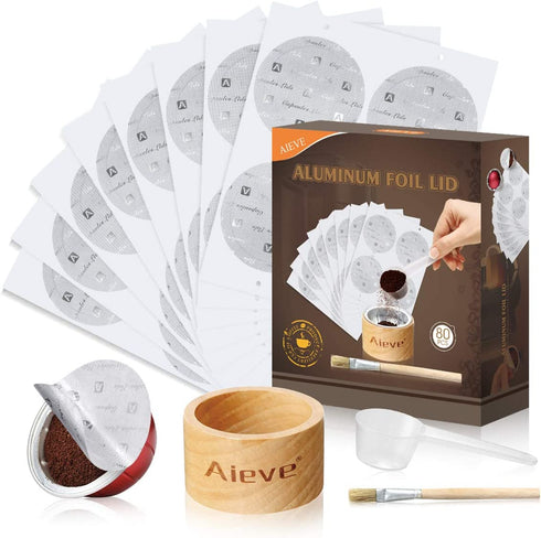 AIEVE Aluminum Foil Seals Kit for Nespresso Capsules VertuoLine with 80Pcs Aluminum Foil Seal Lid, Holder, Scoop, Brush, for Refilling Nespresso Vertuo Pods Reusable Vertuoline Pods (Pods Not Included