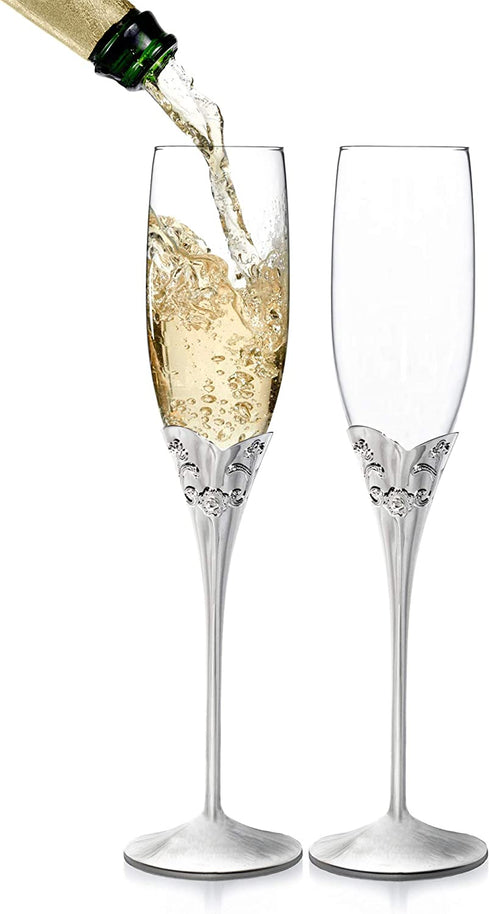Memories Champagne Flutes, Set of Two Elegant Clear Glass 6.8 fl oz 200ml, silver plated stems, vine leaf design, clear crystals for special celebrations weddings anniversaries birthdays graduations