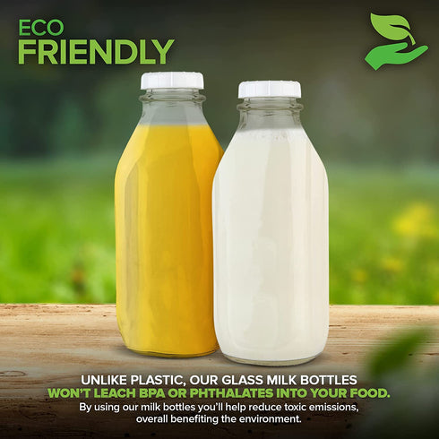 Liter Glass Milk Bottles (4 Pack) 8 White Caps - 33.8 Oz Milk Jars with Lids - Food Grade Glass Bottles - Dishwasher Safe - Bottles for Oat Milk, Buttermilk, Honey, Syrup, Jam, Sauce - Stock Your Home