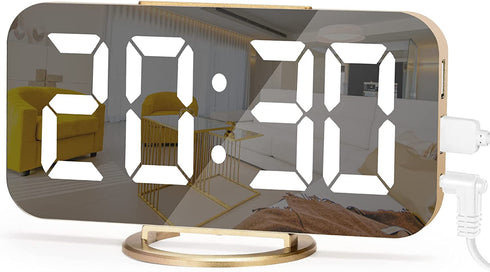 Digital Alarm Clock for Bedrooms, LED Mirror Digital Clock Large Display for Heavy Sleepers Teens, Snooze, Dual USB Charger Ports, 3 Level Brightness, Electronic Clock for Bedroom Living Room(Gold)