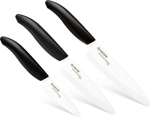 Kyocera 3-Piece Slicing Knife Set Ceramic, 5-inch 4.5-inch and 3-inch, Black Handle with White Blades