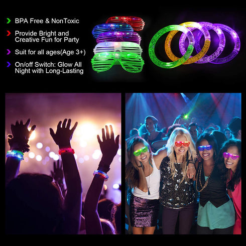 Led Light Up Toys 68Pcs Party Favors for Kids Adults, Glow in the Dark Party Supplies include 40 Finger Lights, 8 Jelly Rings, 7 Light Up Animals Rings, 5 Led Glasses, 4 Bracelets, 4 Led Crystal Necklaces