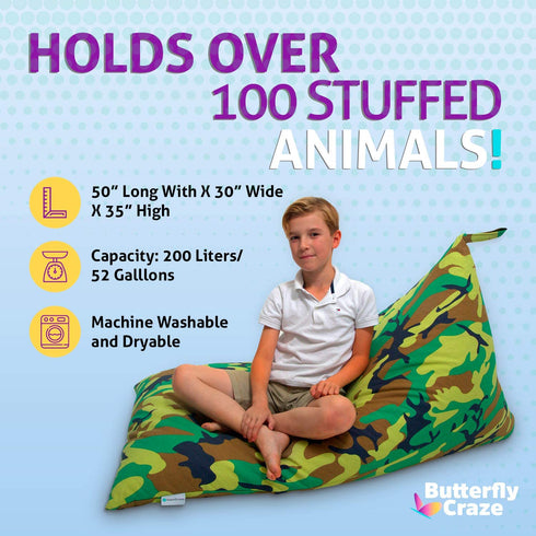 Butterfly Craze Bean Bag Chair Cover (Stuffing Not Included) Toddler Toy Organizer Fill with Stuffed Animals to Create a Jumbo, Comfy Floor Lounger for Boy™s or Girl™s Bedroom Camo