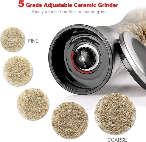 Professional Stainless Steel Salt and Pepper Grinder Set with Stand Manual Spice Adjustable Coarseness with Five Grinding Level Pepper Mill Grinders Shakers Gift Set with Silicone Funnel (Pack of 2)