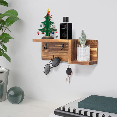 AKKO Wooden Key Holder for Wall Decorative Mail and Key Holder Organizer with 4 Key Hooks and œZ? Shape Wall Mount Floating Shelf ,Rustic Home Decor for Wall, Entryway, Mudroom, Bathroom