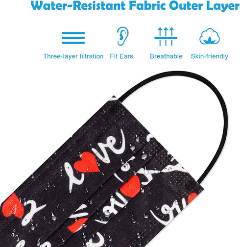 60PCS Disposable Fashion Face Masks Love Heart Print Valentine's Day Stylish Gift Unisex 3-Ply Covering Individually Packed for Adult Man Women