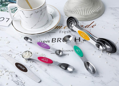 Magnetic Measuring Spoons Set of 8 Stainless Steel Dual Sided Stackable Measuring Spoon Nesting Teaspoons Tablespoons for Measuring Dry and Liquid Ingredients