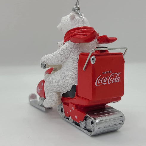 Kurt Adler Coca-Cola Polar Bear With Cub Riding Snow Mobile Ornament