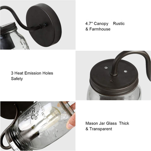 LNC Wall Sconce Mason Jar Lights Farmhouse and Rustic with Oil Rubbed Bronze for Hallway Bathroom, (7.1?L×4.7?W×8.7?H), A02979