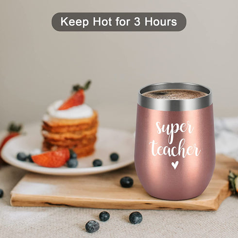 Super Teacher Stainless Steel Wine Tumbler, Christmas Birthday Appreciation Retirement Teacher™s Day Thank You Gifts for Teacher Tutor Professor Women, 12 oz Insulated Wine Tumbler with Lid, Rose Gold