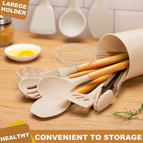 Umite Chef 36pcs Silicone Kitchen Cooking Utensils with Holder, Heat Resistant Cooking Utensils Sets Wooden Handle, Khaki Nonstick Kitchen Gadgets Tools Include Spatula Spoons Turner Pizza Cutter