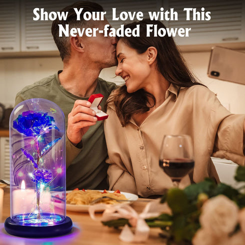 Feerory Galaxy Rose, Artificial Flower Rose in Glass Dome Unique Gift Set Ideas for Women Mom Wife Girlfriend on Mother's Day Birthday Wedding Anniversary- Purple
