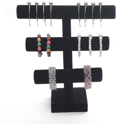 Wuligirl 3 Tier T-Bar Bracelet Jewelry Display Stand Bangle Organizer Storage Holder Velvet Black (3T Bar)
