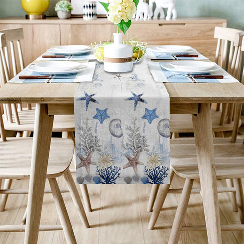 Undersea Starfish Shell and Seahorse Table Runner Dresser Scarves,Linen Burlap Table Runners Cloth for Dinner Holiday Party, Kitchen Decor Coastal Nautical Anchor 13x90inch