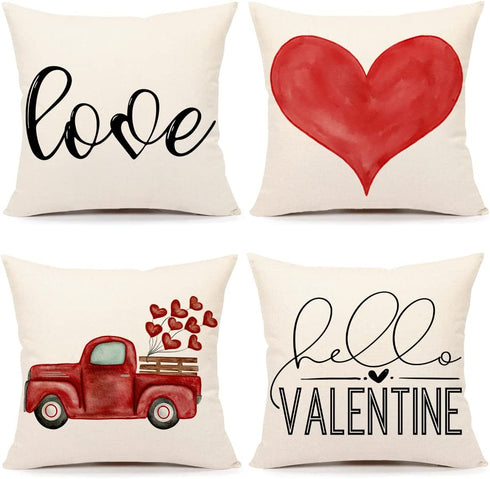 4TH Emotion Valentines Day Pillow Covers 18x18 Set of 4 Hello Valentine Spring Farmhouse Decor Red Love Truck Holiday Decorations Throw Cushion Case for Home Decorations TH076