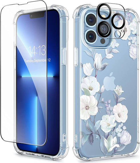 GVIEWIN for iPhone 13 Pro Max Case with Screen Protector + Camera Lens Protector, Soft Shockproof Clear Floral Phone Protective Case Cover for Women Girls, Flower Pattern Design (Hibiscus)