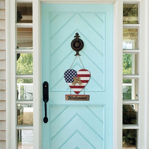 T&Garice Wooden Hanging Heart Welcome Sign, Patriotic Welcome Sign for Front Door Wreath 4th of July Independence Day Memorial Day Indoor Outdoor Wall Decoration