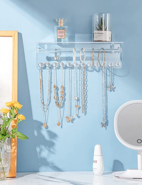 Acrylic Necklace Holder with Shelf, 12 Diamond Shape Hooks and Removable Bracelet Rod, Wall Mounted Jewelry Organizer Hanging Necklace Organizer Wall Jewelry Rack