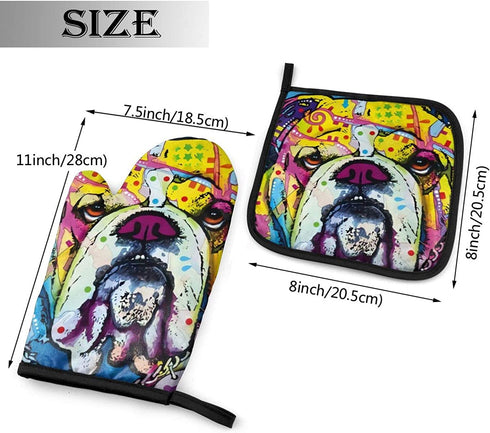 English Bulldog Pattern Oven Mitts and Pot Holders Set Kitchen Gift Set for Kitchen Cooking Baking BBQ