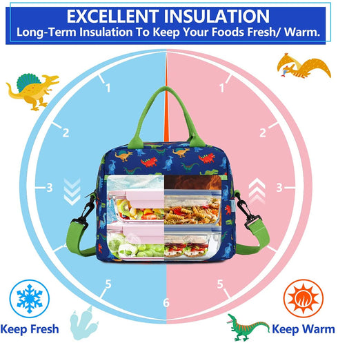 Lunch Bag for Boys, Insulated Lunch Box Bag Cute Dinosaur Thermal Lunch Tote with Removable Shoulder Strap, VONXURY