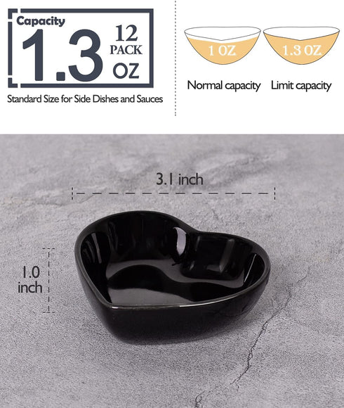 Delling Soy Sauce Dish -Black Sauce Cups - Heart Dipping Bowls/Small Bowls for Ketchup, Soy or Seasoning and Christmas Thanksgiving Valentines Day Gifts-12 Packs, 1.3 Oz