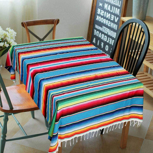 AerWo 59 x 84 Inch Mexican Tablecloth Mexican Serape Blanket for Mexican Party Wedding Cinco De Mayo Fiesta Decorations Outdoor Picnics Dining Table Cover, Large Square Cotton Fringe Table Cloth