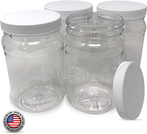 CSBD 32 Oz Clear Plastic Mason Jars With Ribbed Liner Screw On Lids, Wide Mouth, ECO, BPA Free, PET Plastic, Made In USA, Bulk Storage Containers, 4 Pack (32 Ounces)
