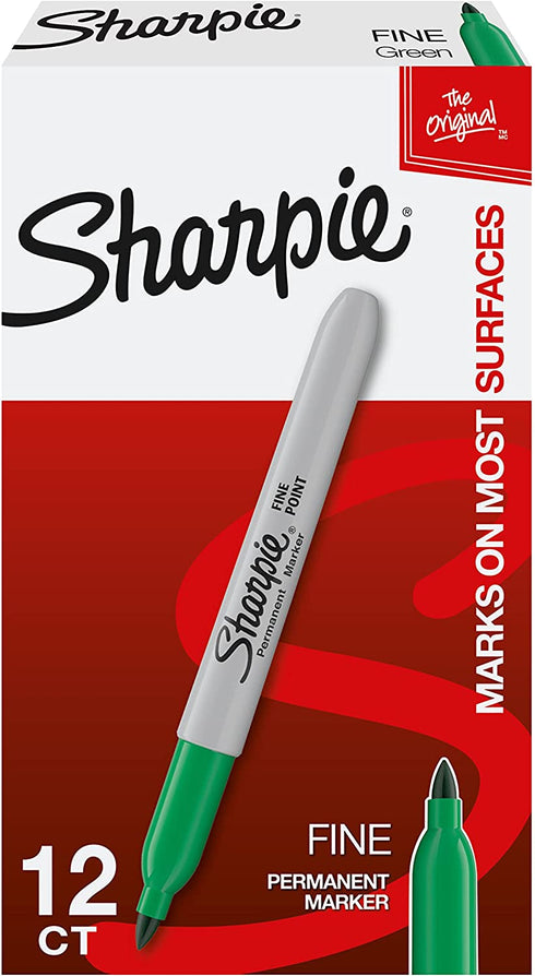SHARPIE Permanent Markers, Fine Point, Green, Box of 12