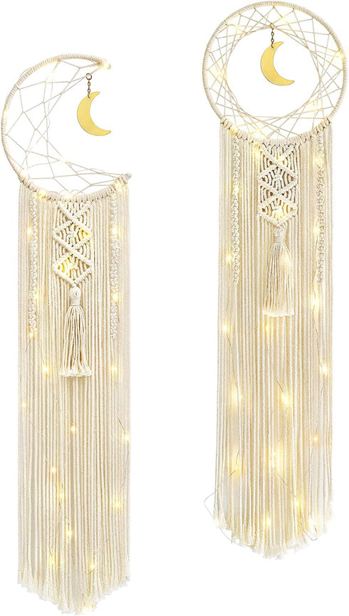 Mkono 2 Pack Macrame Dream Catcher with String Lights Boho Wall Hanging Decor Handmade Circle Moon Dreamcatcher Bohemian Home Ornament for Bedroom Living Room Dorm Nursery, 8''W x 32''L