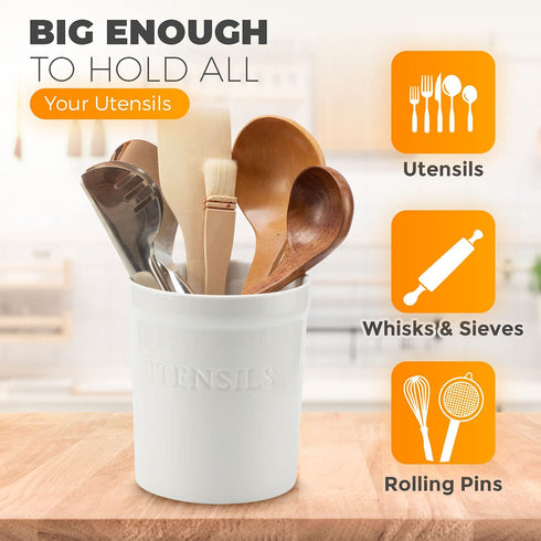 PriorityChef Kitchen Utensil Holder for Countertop, Heavy Ceramic Utensils Caddy, Large Spatula Organizer Utensil Crock, Ivory