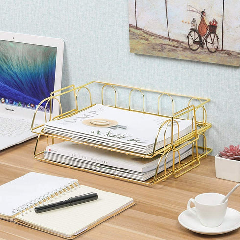 Superbpag 2 Packs Stackable Horizontal Metal File Letter Trays Organizer for Desk,Gold