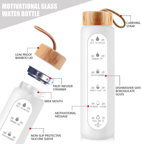 AQULEA 32 Oz Borosilicate Glass Water Bottle with Times to Drink - Wide Mouth BPA Free Glass Motivational Water Bottles with Silicone Sleeve, Bamboo Lid, Fruit Infuser, and Bonus Brush