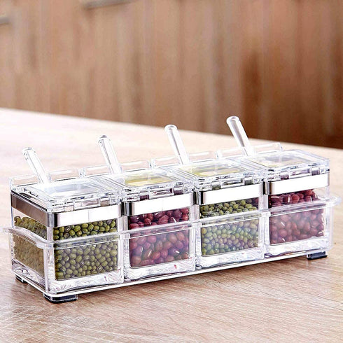 LOYUYU Seasoning Box, Seasoning Rack Spice Pots, 4 Piece Clear Acrylic Cruet, Storage Container Condiment Jars with Cover and Spoon 304 Steel Edge
