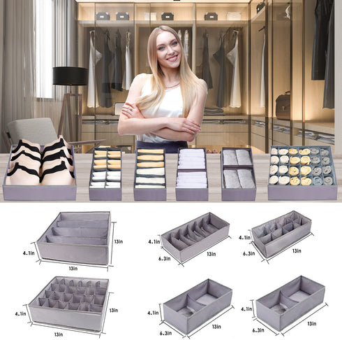 Dresser Drawer Underwear Organizer - Large Drawer Organizer Closet Divider Washable Clothes Bra Sock Tie Foldable Storage Box Drawer Polyester Fabric Baby Cloth Panties Belts Set of 6,Light Gray