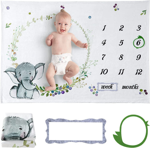 Baby Monthly Milestone Blanket for Boy Girl, Soft Fleece Monthly Photo Blanket, Growth Chart Blanket, Calendar First Year Blanket, Newborn, Birth Announcement Elephant D©cor 40"x60"