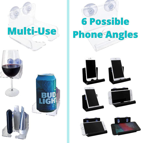 Atlas Hold Set of 2 - Beer/Wine and Phone Shower Holder | Shower Cup Holder | Beer Gifts & Bath Accessories | Bathtub Wine Glass Holder | Shower Phone Holder Suction Cup (Clear)