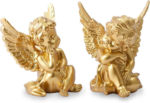 OwMell Set of 2 Gold Angels Resin Cherubs Statue Figurine, Indoor Outdoor Home Garden Decoration 4 Inch, Adorable Angel Sculpture Memorial Statue A Pair