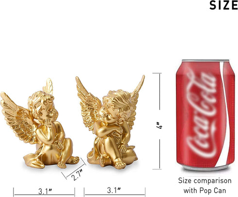 OwMell Set of 2 Gold Angels Resin Cherubs Statue Figurine, Indoor Outdoor Home Garden Decoration 4 Inch, Adorable Angel Sculpture Memorial Statue A Pair