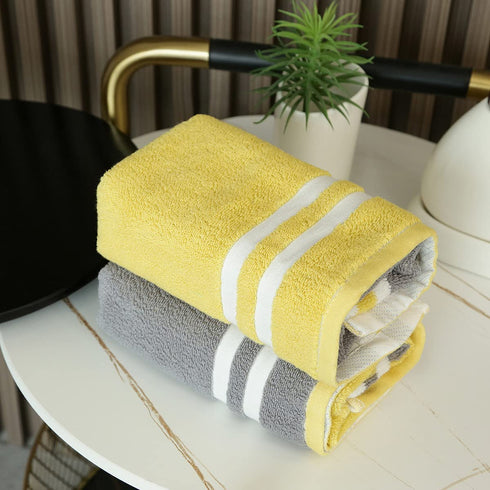 YiLUOMO Hand Towels Set of 2 100% Cotton Striped Checkered Pattern Easter Hand Towel Super Soft Highly Absorbent Towels for Bathroom, Kitchen 13 x 29 Inch (Yellow & Grey)